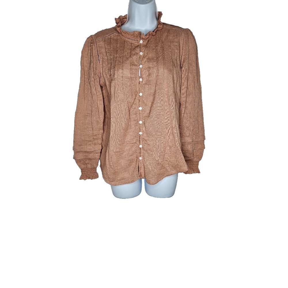 Quince Organic Textured Cotton Peasant Blouse Cafe au Lait (M)